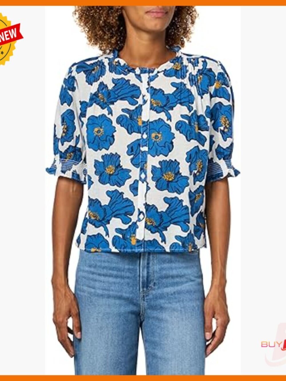Short Sleeve Button Down Blouse with Puff Sleeve, 100% Cotton, Regular Fit
